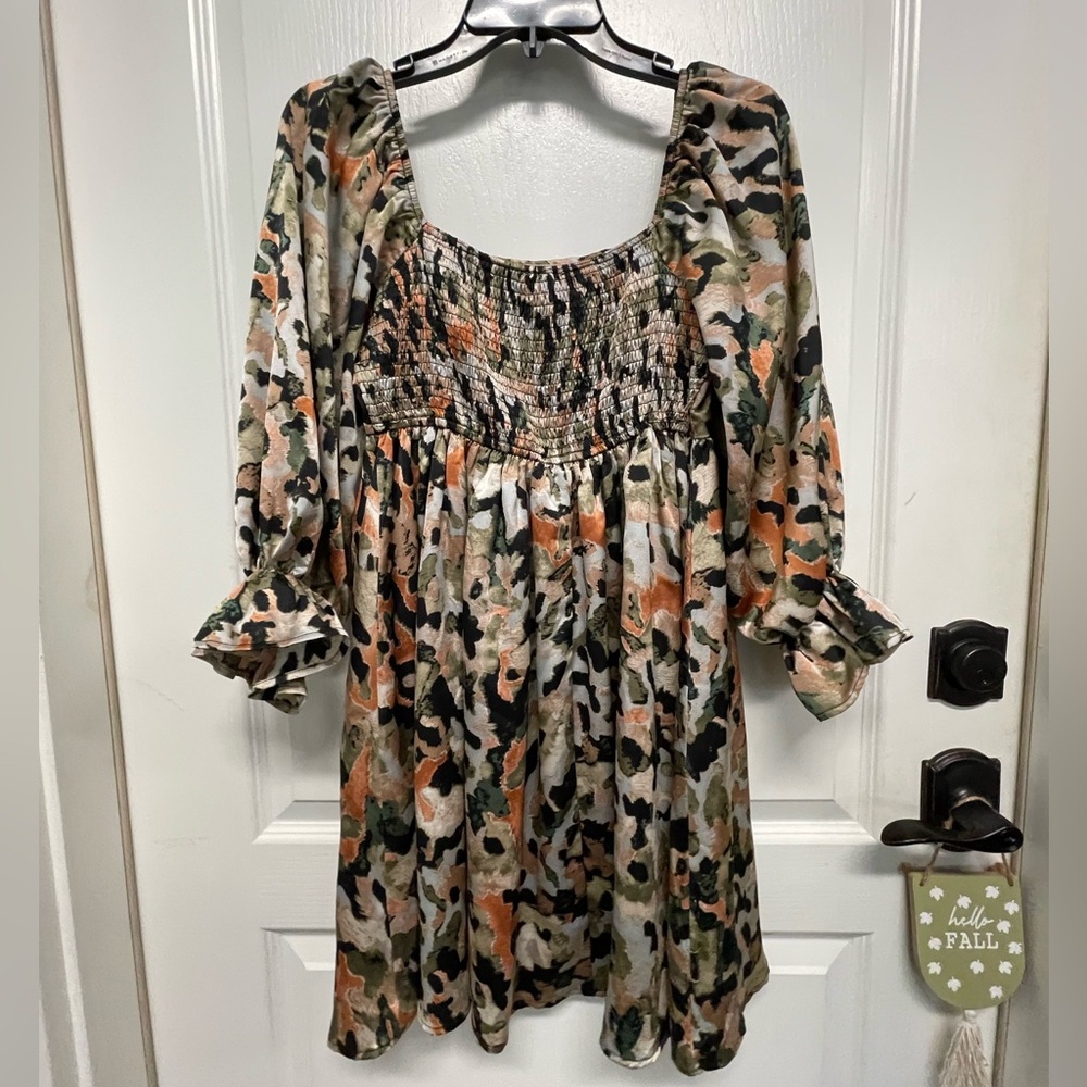Entro Camouflage Print Dress with Puff Sleeves